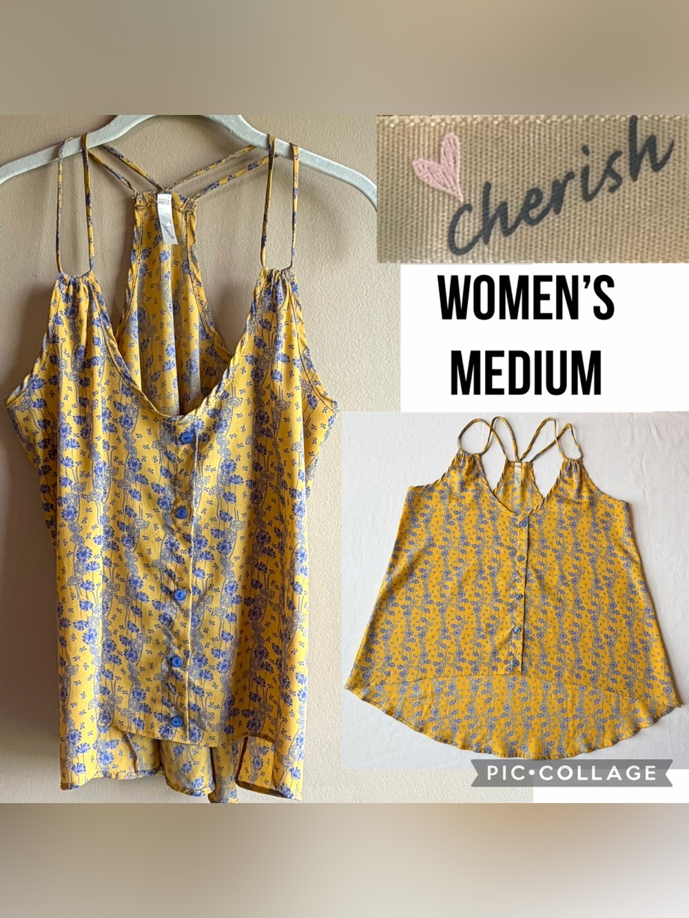 Cherish Womens Tank Top Yellow Blue Flowers Button Down Lightweight Strappy M